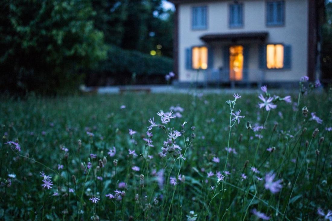 House with lights on at dusk